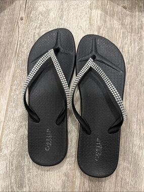 Black Rhinestone Flip Flop Sandals - Women